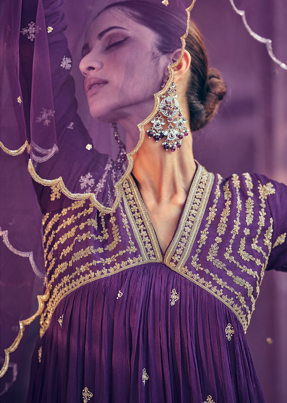 Indigo Purple Chinon Silk Designer Anarkali Suit with Floral Embroidery work