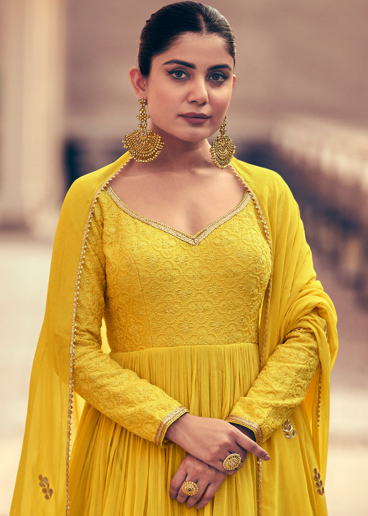 Butter Yellow Georgette Designer Anarkali Suit with Floral Embroidery work