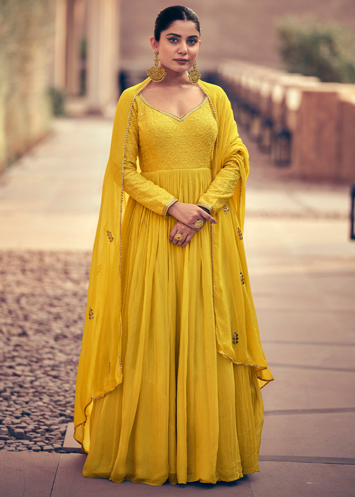 Butter Yellow Georgette Designer Anarkali Suit with Floral Embroidery work