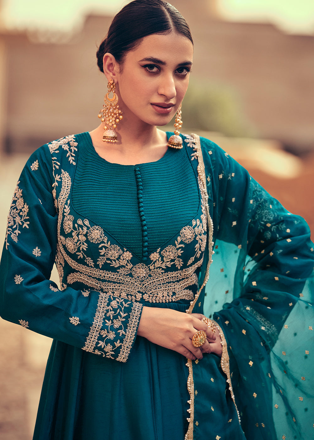 Prussian Blue Silk Designer Anarkali Suit with Floral Embroidery work