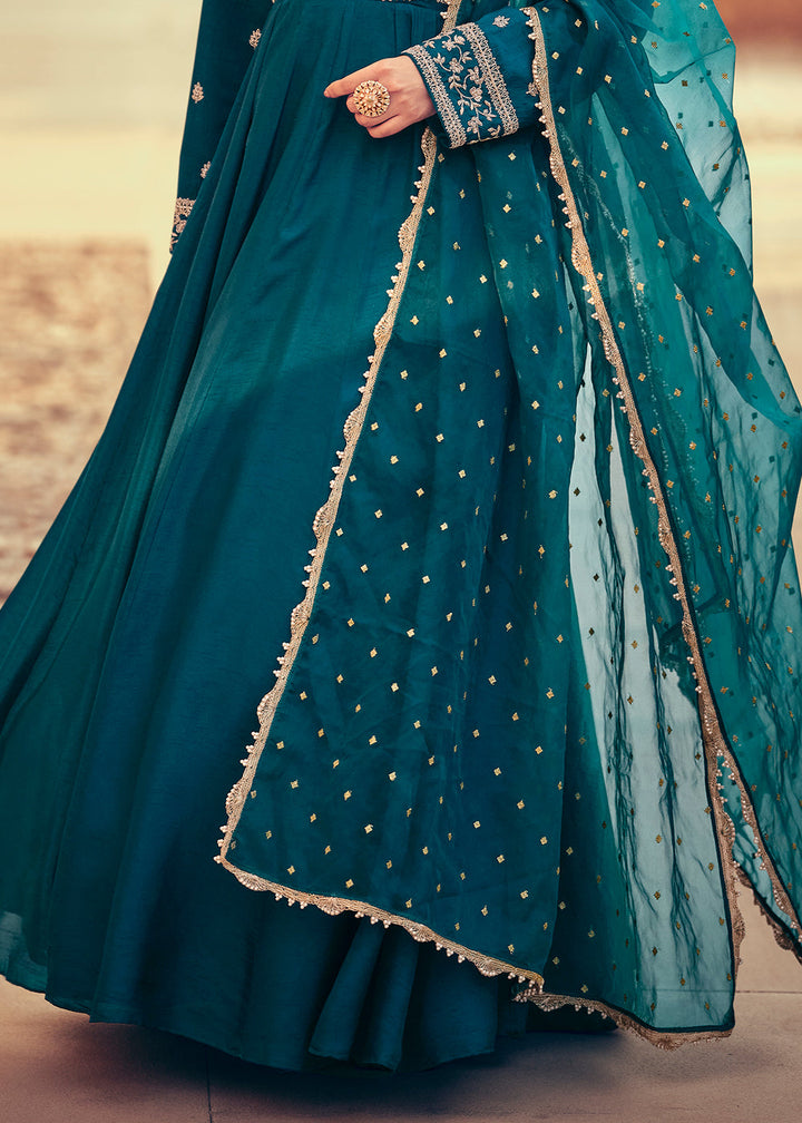 Prussian Blue Silk Designer Anarkali Suit with Floral Embroidery work