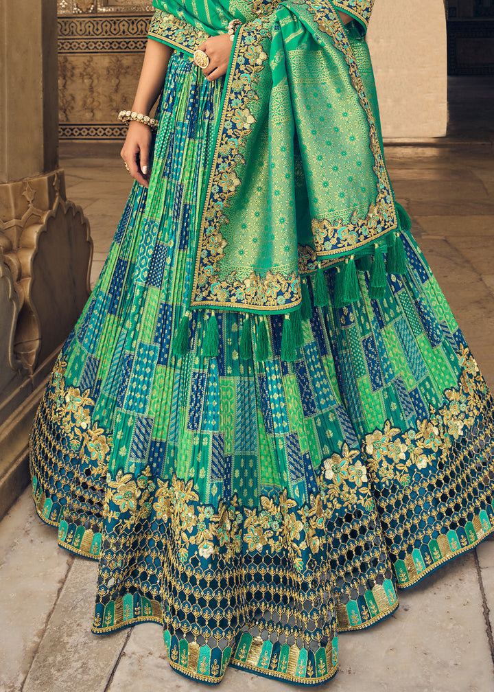 Prussian Blue & Green Banarasi Silk Lehenga Choli with Heavy Embroidery Work