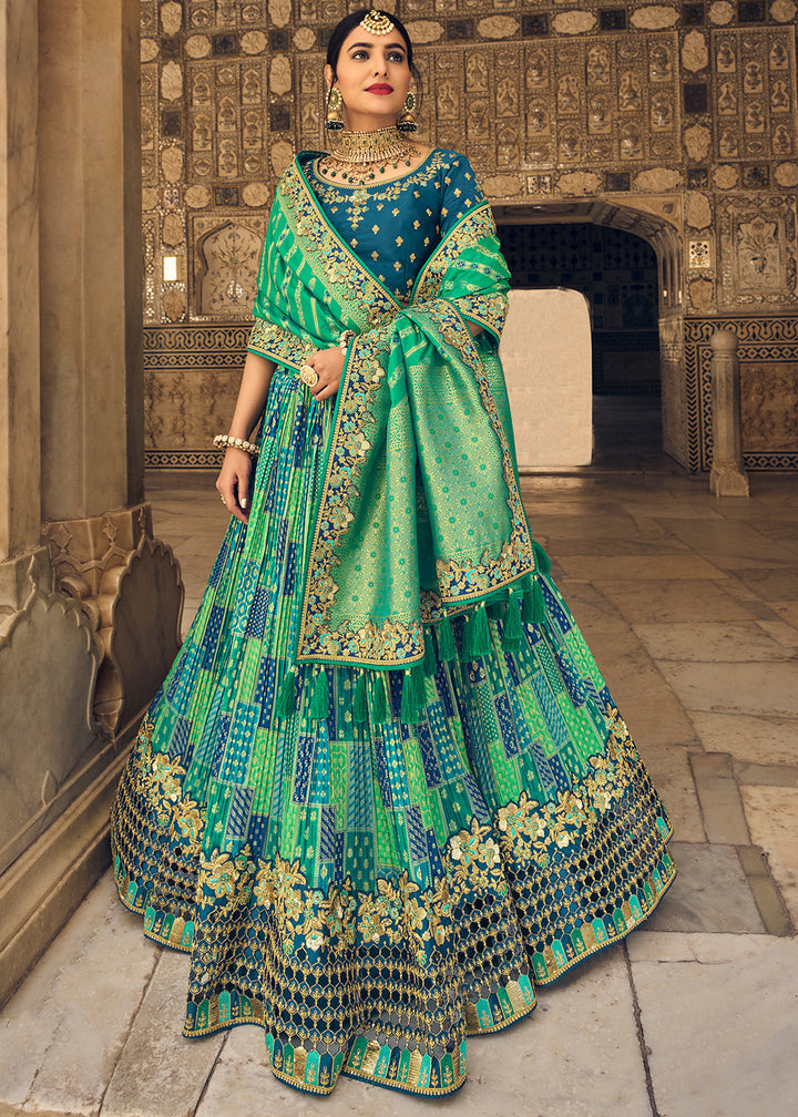 Prussian Blue & Green Banarasi Silk Lehenga Choli with Heavy Embroidery Work