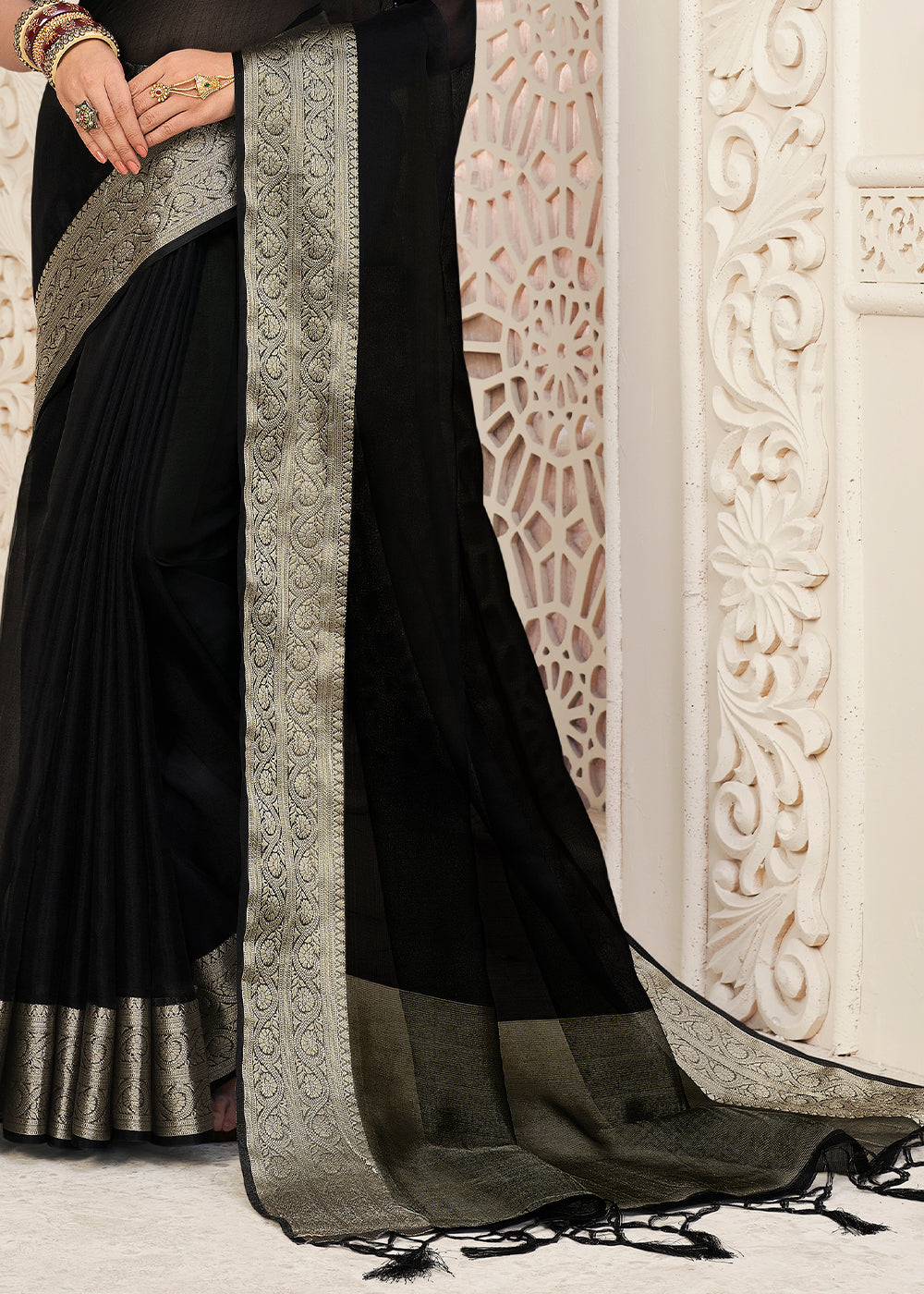 Onyx Black Designer Organza Silk Saree with Tassels On Pallu