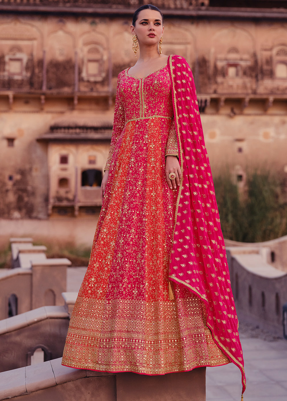 Shades Of Pink Designer Anarkali Suit with Full Embroidery work