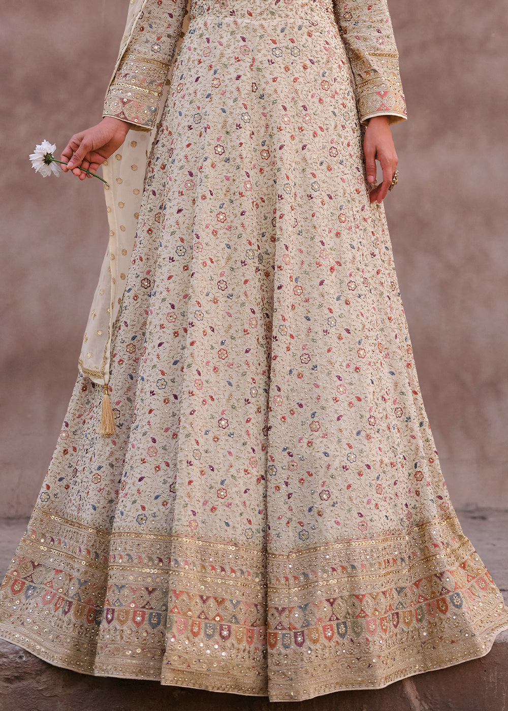 Pearl White Designer Anarkali Suit with Full Embroidery work