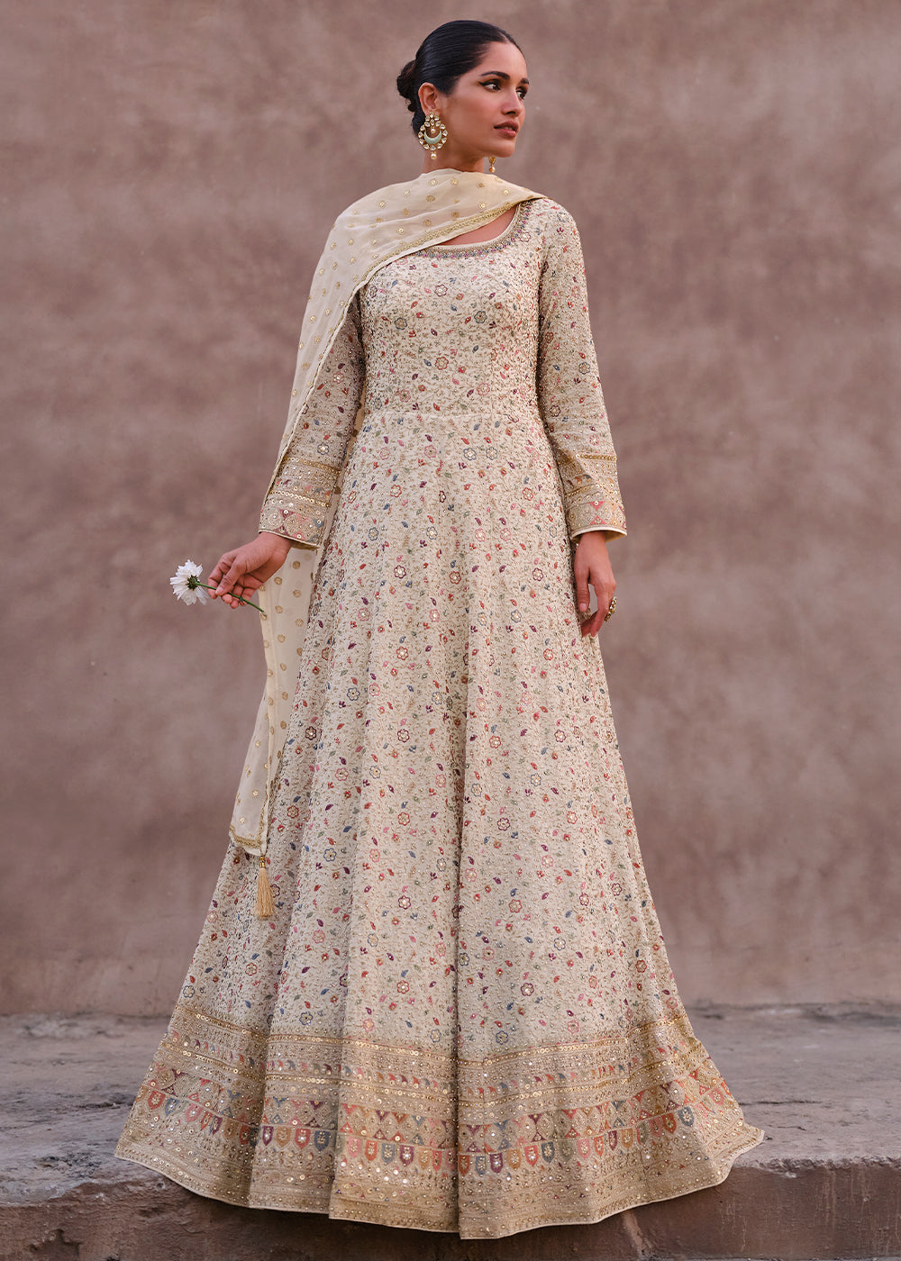 Pearl White Designer Anarkali Suit with Full Embroidery work