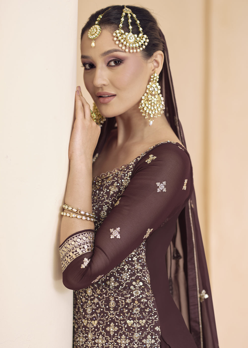 Mocha Brown Embroidered Georgette Top & Skirt Set with Dupatta