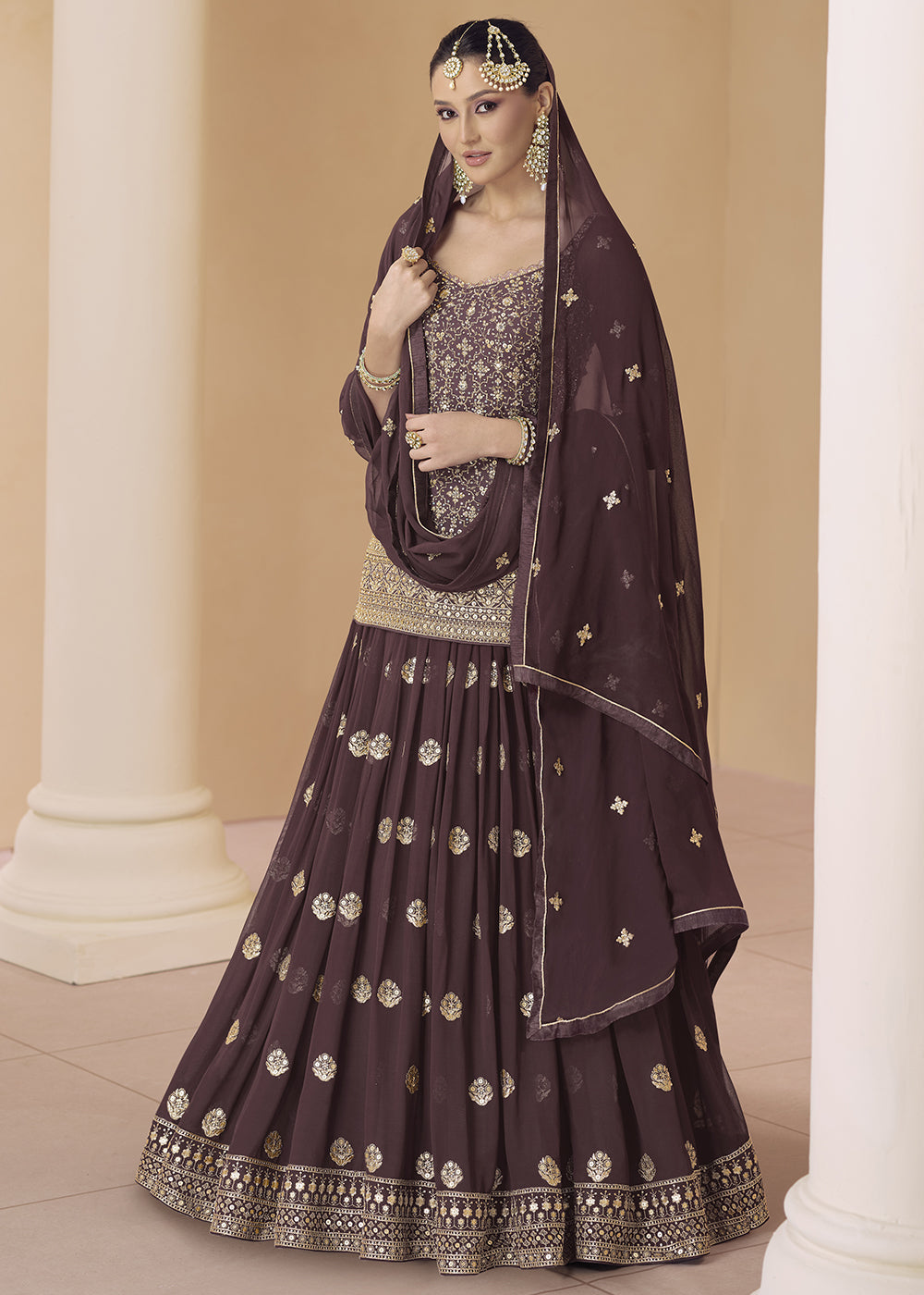 Mocha Brown Embroidered Georgette Top & Skirt Set with Dupatta