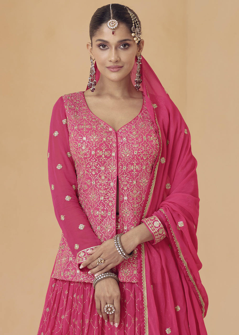 Hot Pink Embroidered Georgette Top & Skirt Set with Dupatta