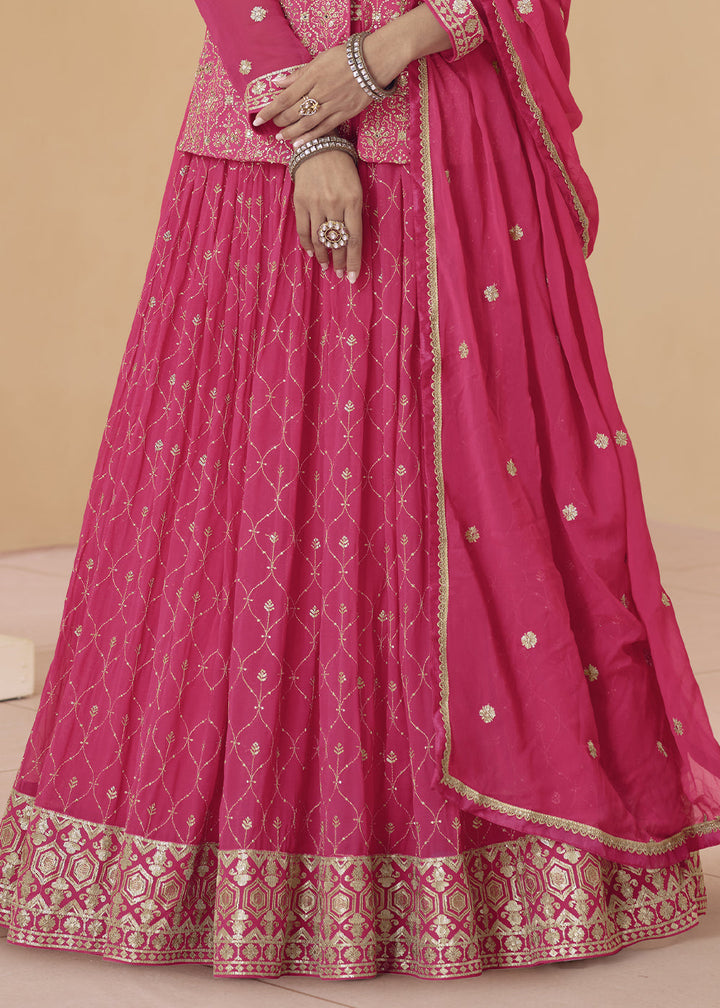 Hot Pink Embroidered Georgette Top & Skirt Set with Dupatta