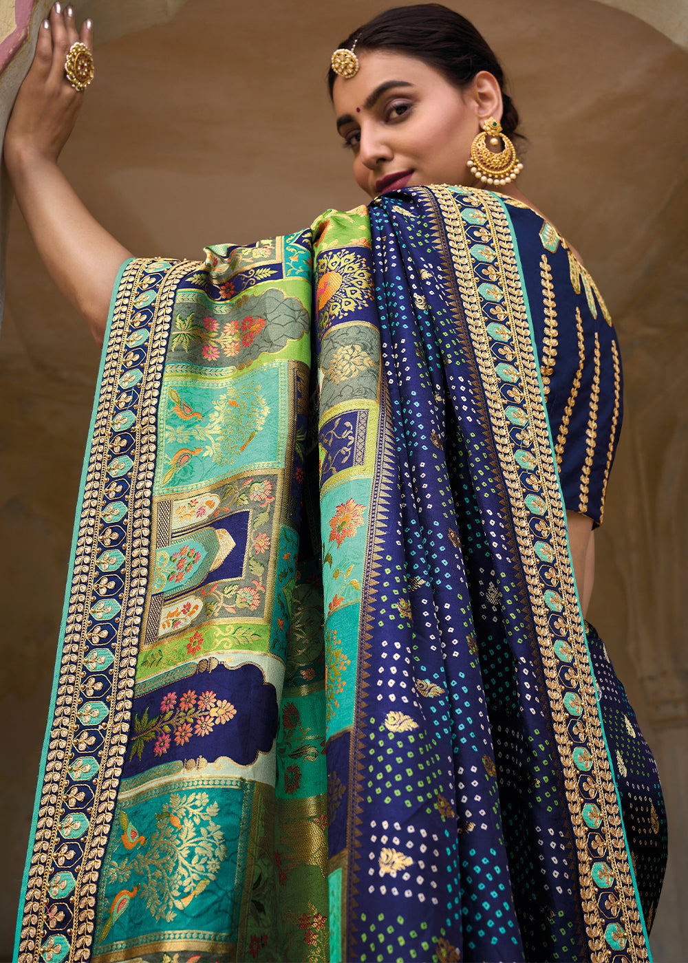 Navy Blue Dola Silk Saree with Beautiful Embroidery work: Wedding Edition