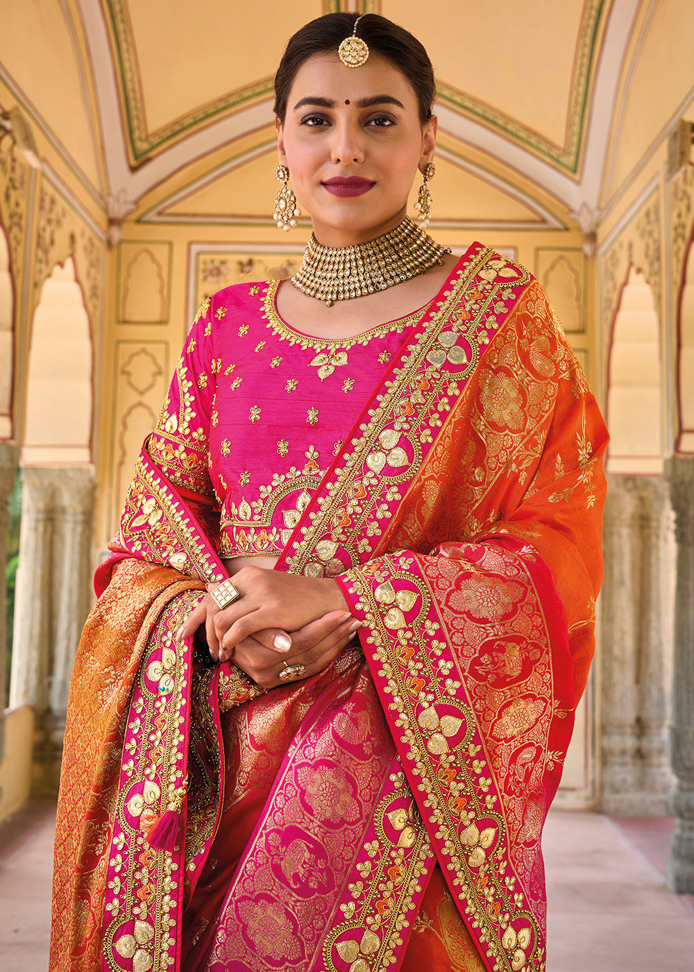 Pink & Orange Dola Silk Saree with Beautiful Embroidery work: Wedding Edition
