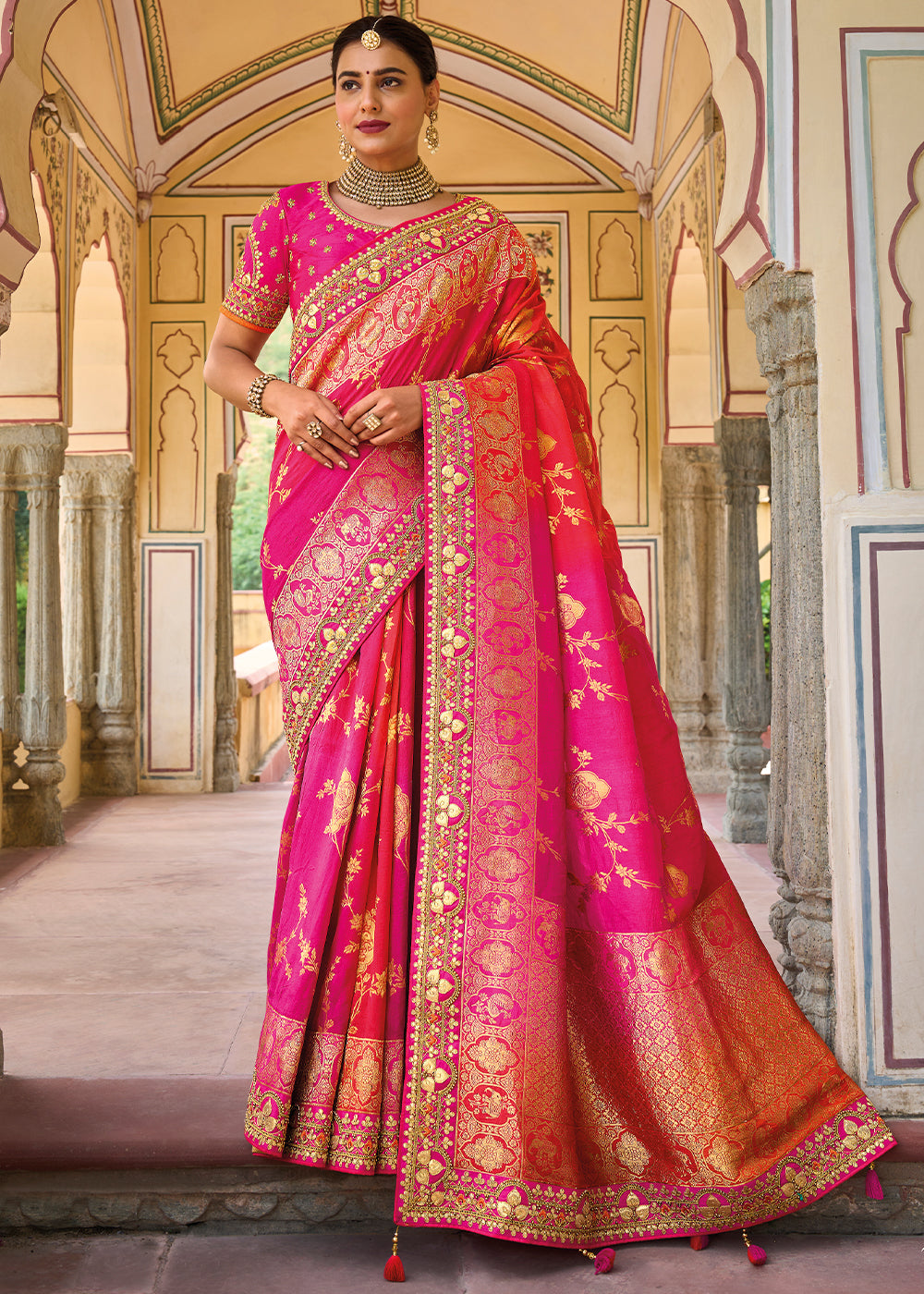 Pink & Orange Dola Silk Saree with Beautiful Embroidery work: Wedding Edition