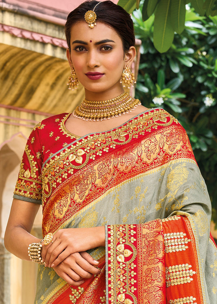 Grey & Red Dola Silk Saree with Beautiful Embroidery work: Wedding Edition