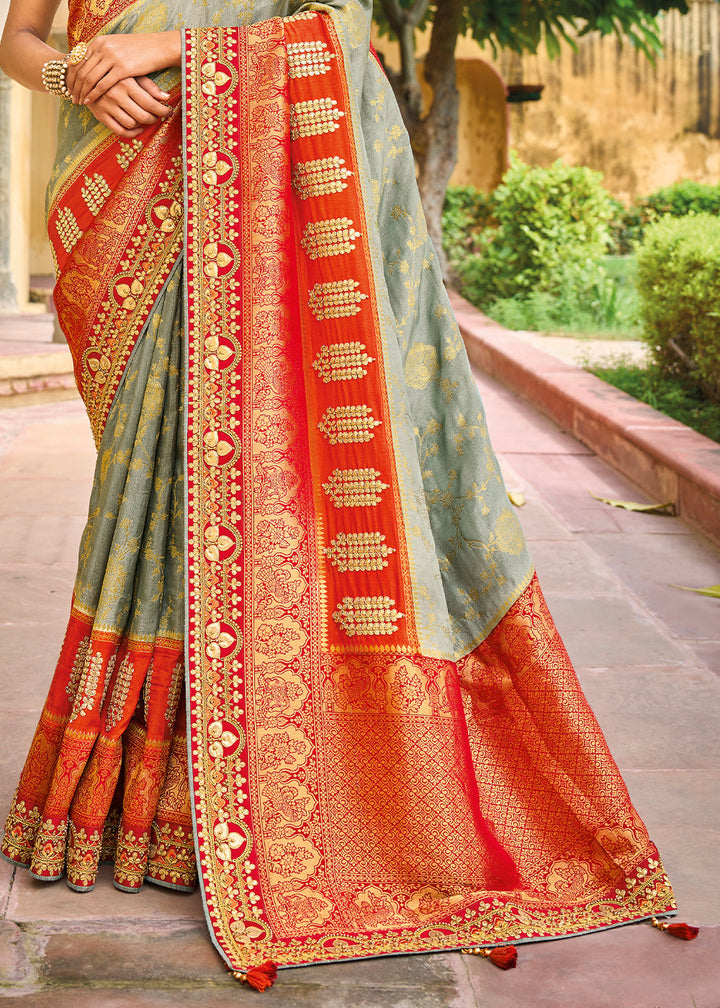 Grey & Red Dola Silk Saree with Beautiful Embroidery work: Wedding Edition