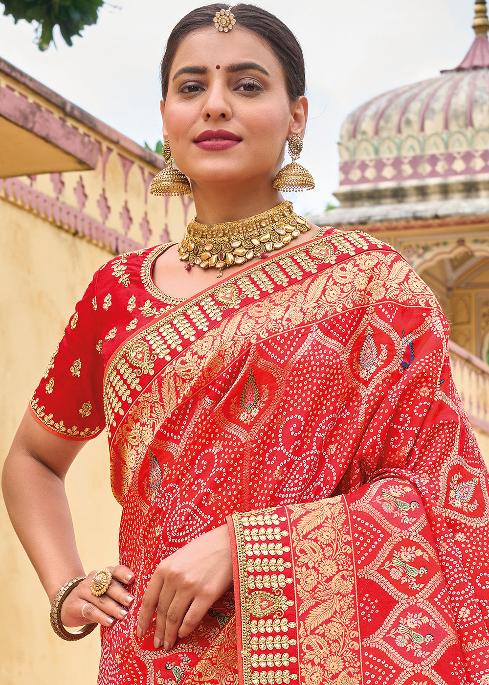 Persian Red Dola Silk Saree with Beautiful Embroidery work: Wedding Edition