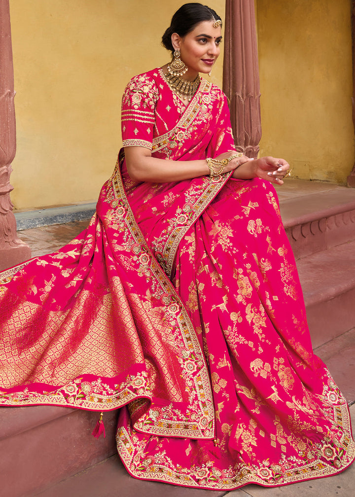 Hot Pink Dola Silk Saree with Beautiful Embroidery work: Wedding Edition