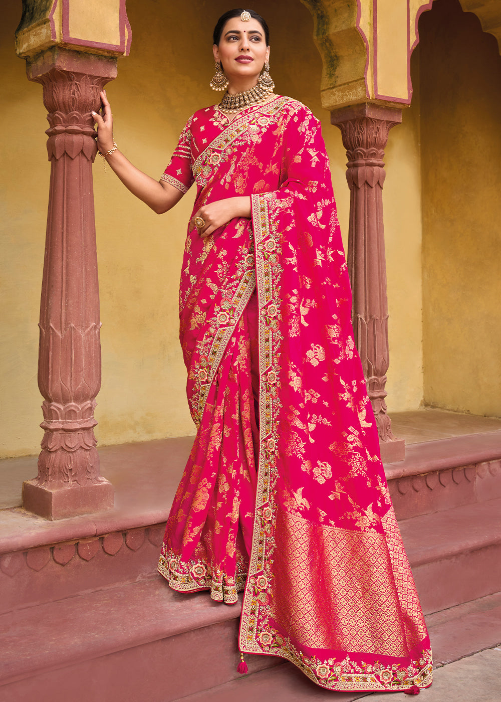 Hot Pink Dola Silk Saree with Beautiful Embroidery work: Wedding Edition