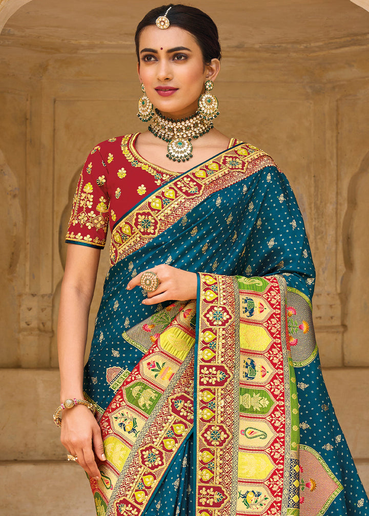 Ocean Blue Dola Silk Saree with Beautiful Embroidery work: Wedding Edition