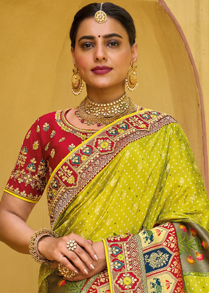 Lime Green Dola Silk Saree with Beautiful Embroidery work: Wedding Edition