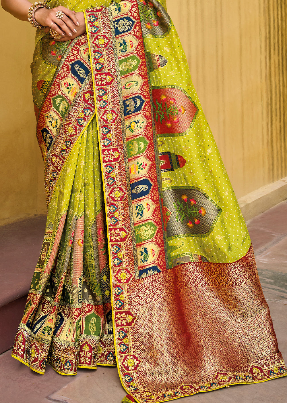 Lime Green Dola Silk Saree with Beautiful Embroidery work: Wedding Edition