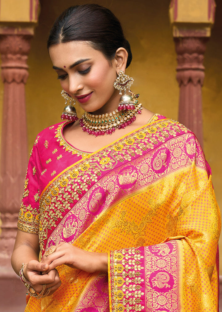 Saffron Yellow Dola Silk Saree with Beautiful Embroidery work: Wedding Edition