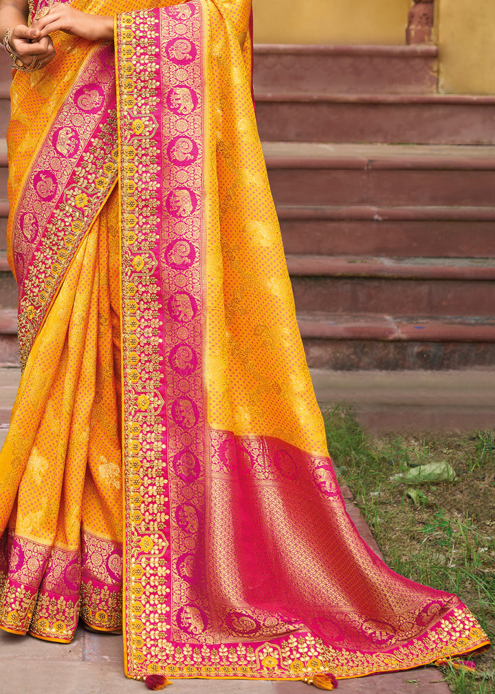 Saffron Yellow Dola Silk Saree with Beautiful Embroidery work: Wedding Edition