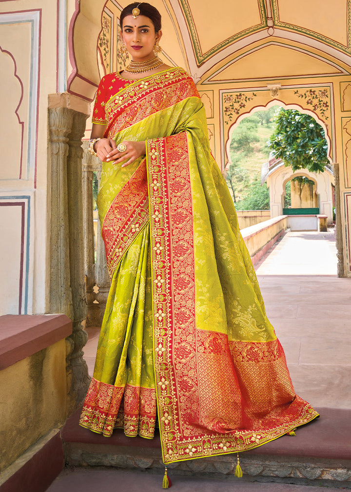 Pear Green Dola Silk Saree with Beautiful Embroidery work: Wedding Edition