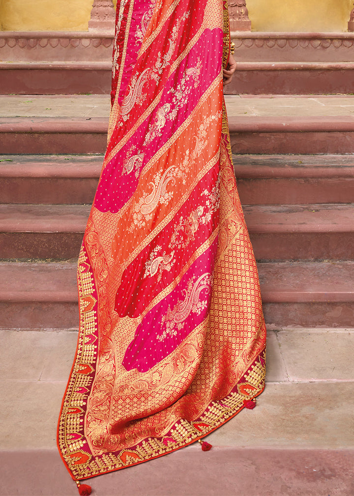 Pink & Red Dola Silk Saree with Beautiful Embroidery work: Wedding Edition