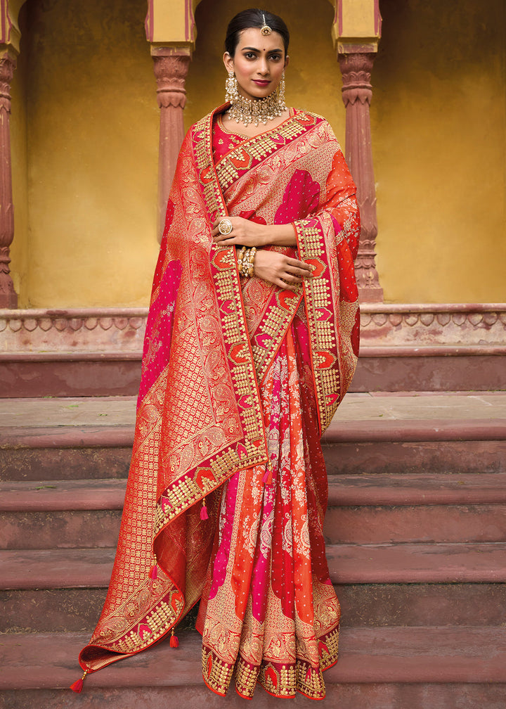 Pink & Red Dola Silk Saree with Beautiful Embroidery work: Wedding Edition