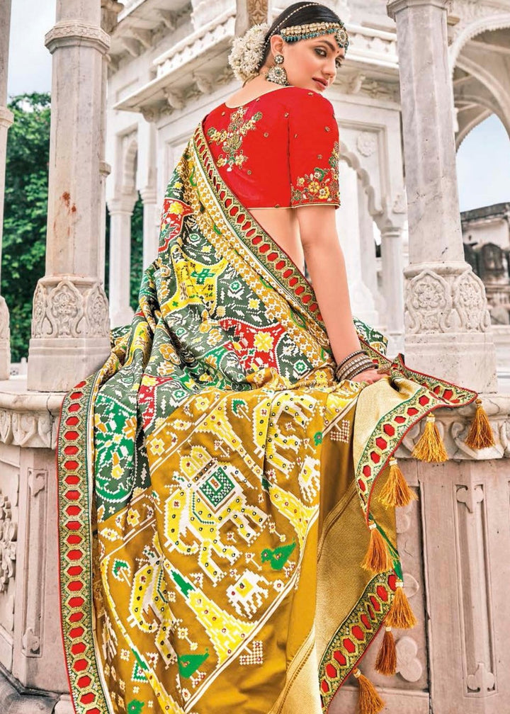 Green & Yellow Patan Patola Silk Saree with Embroidered Blouse