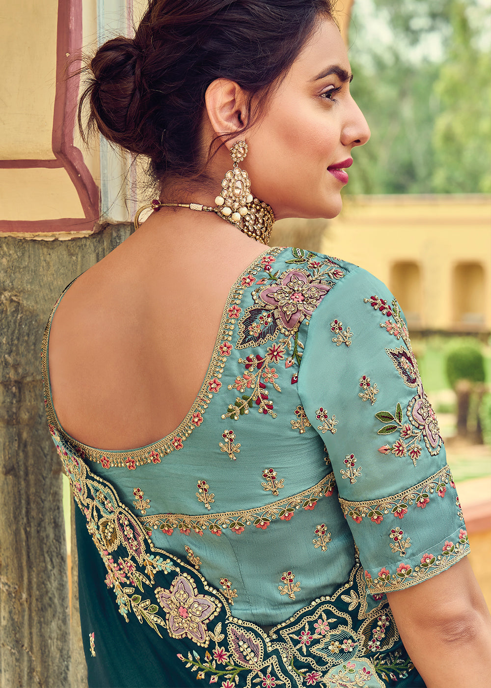 Prussian Blue Designer Organza Saree with Intricate Embroidery work
