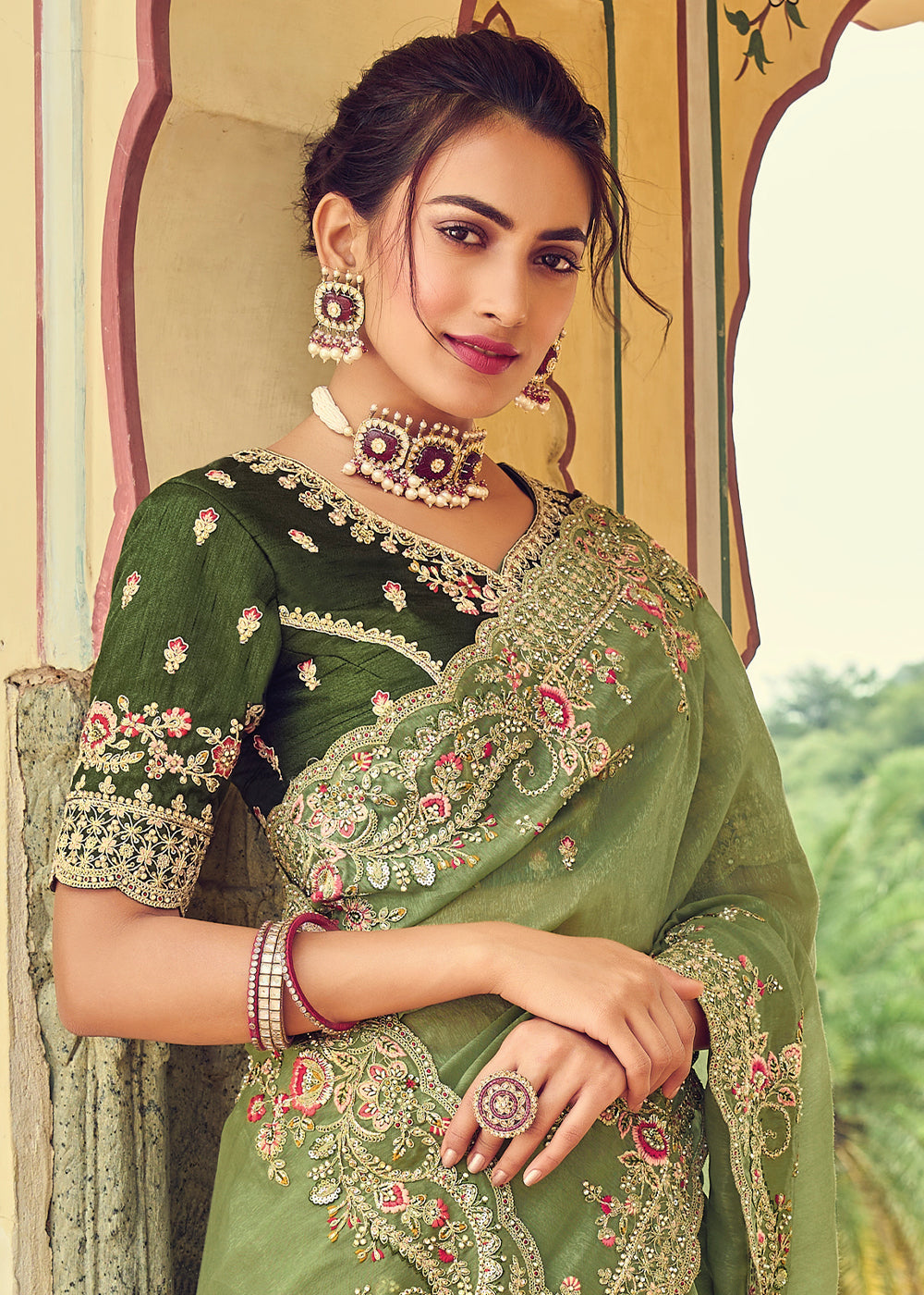 Light Olive Green Designer Organza Saree with Intricate Embroidery work