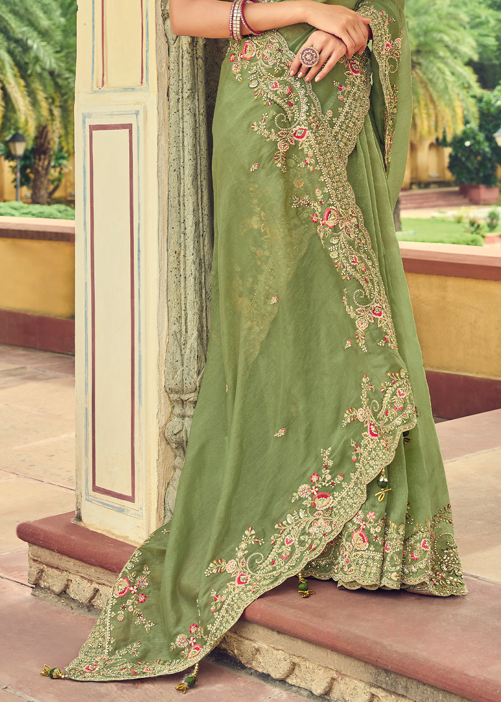 Light Olive Green Designer Organza Saree with Intricate Embroidery work