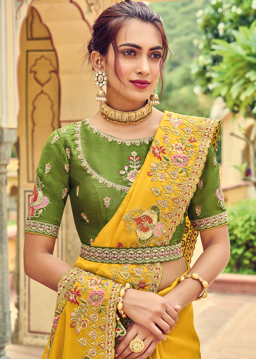 Golden Yellow Designer Organza Saree with Intricate Embroidery work