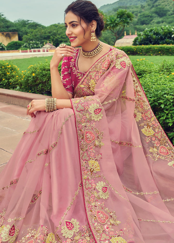 Thulian Pink Designer Organza Saree with Intricate Embroidery work