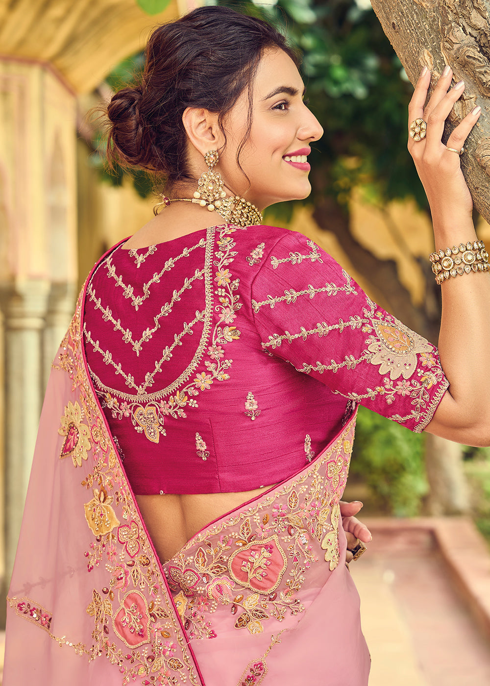 Thulian Pink Designer Organza Saree with Intricate Embroidery work