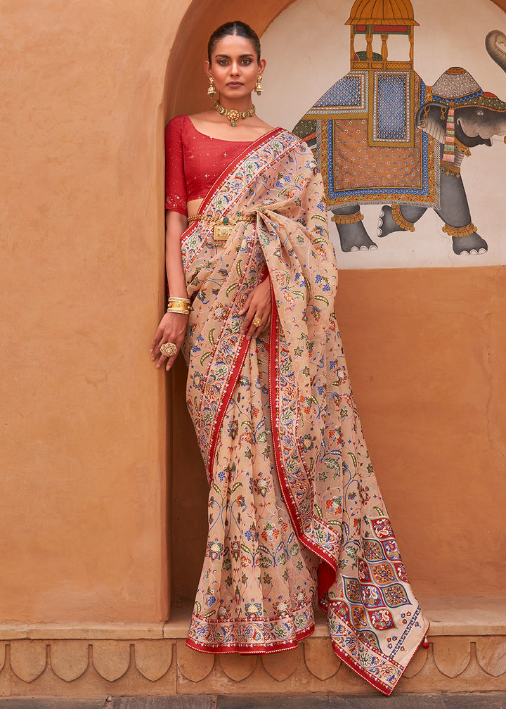 Ecru Brown Patola Printed Tissue Silk Saree with Designer Blouse