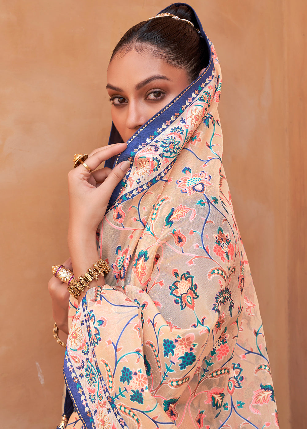 Beige Brown Patola Printed Tissue Silk Saree with Designer Blouse