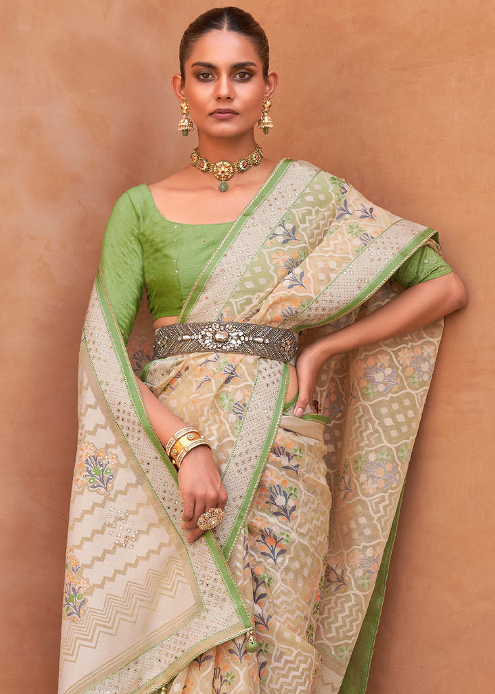 Sand Brown & Green Patola Printed Tissue Silk Saree with Designer Blouse