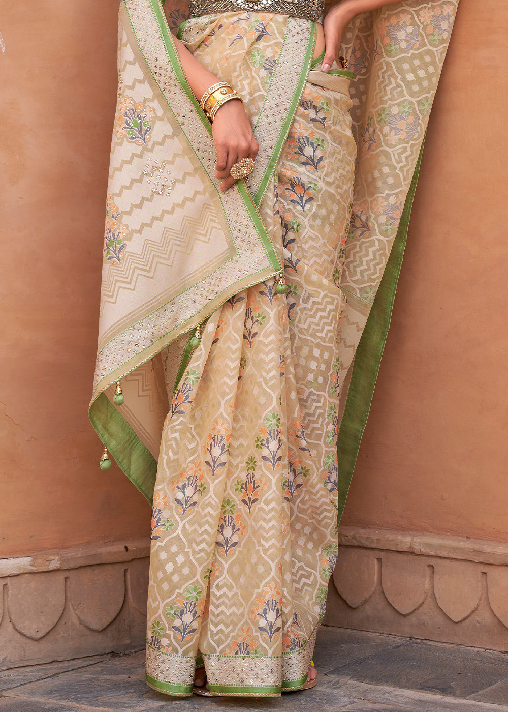 Sand Brown & Green Patola Printed Tissue Silk Saree with Designer Blouse