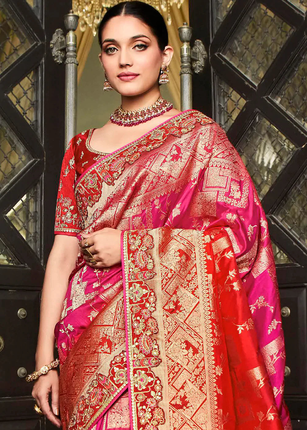 Pink & Red Zari Weaving Satin Silk Saree with Embroidery Border