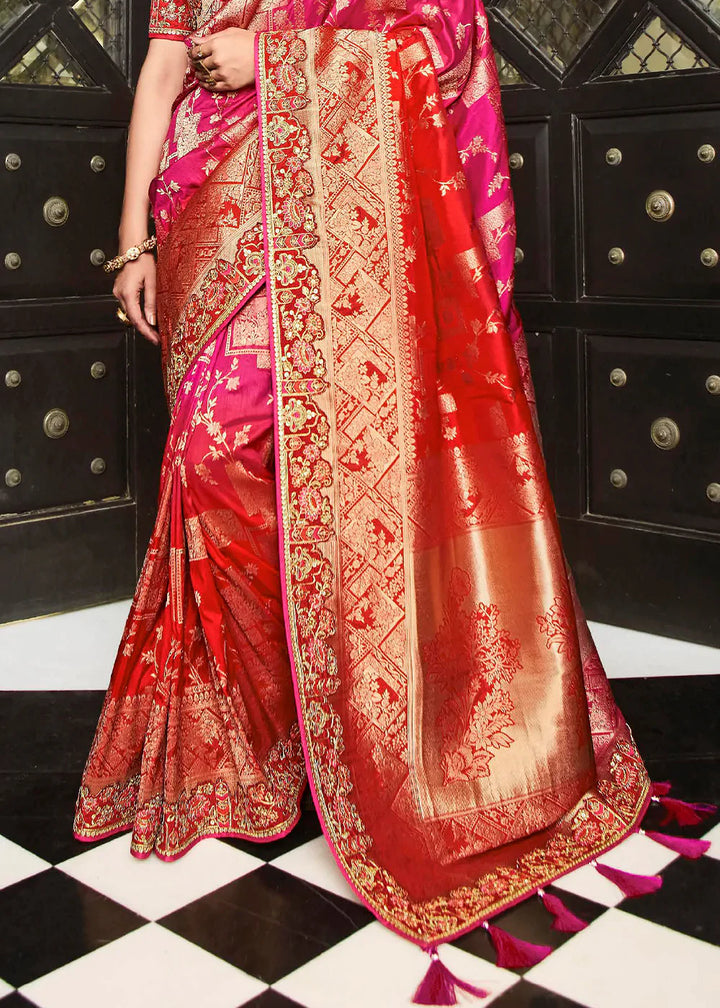 Pink & Red Zari Weaving Satin Silk Saree with Embroidery Border