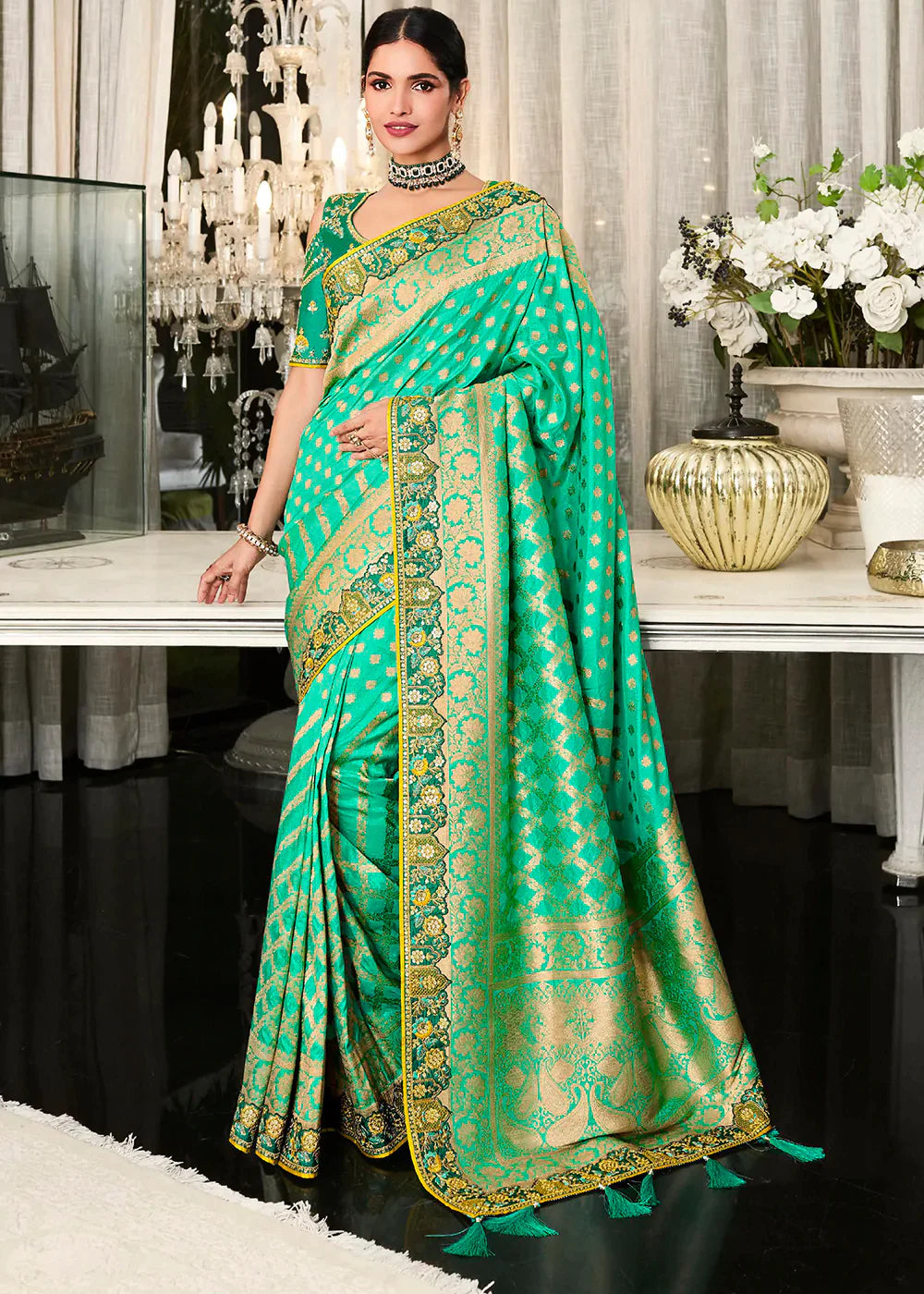 Seafoam Green Zari Weaving Satin Silk Saree with Embroidery Border