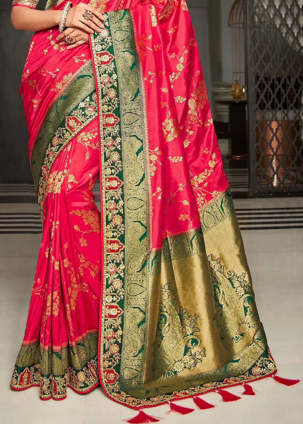 Ruby Pink Zari Weaving Satin Silk Saree with Embroidery Border