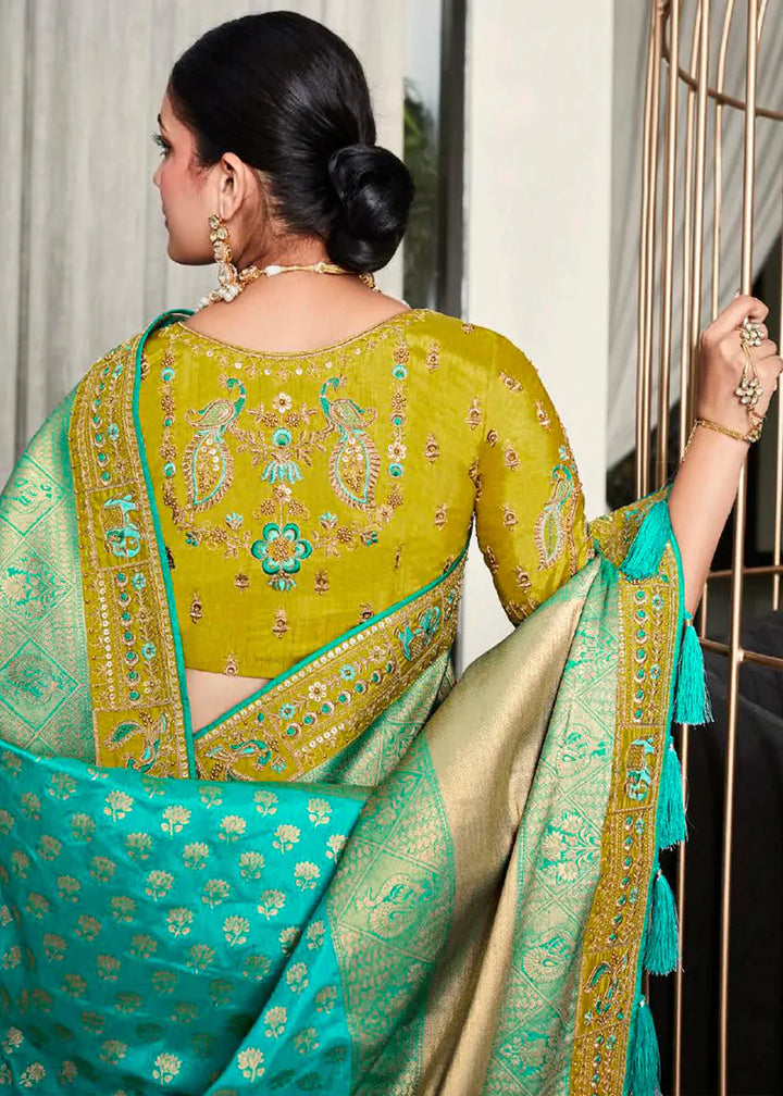 Turquoise Blue Zari Weaving Satin Silk Saree with Embroidery Border