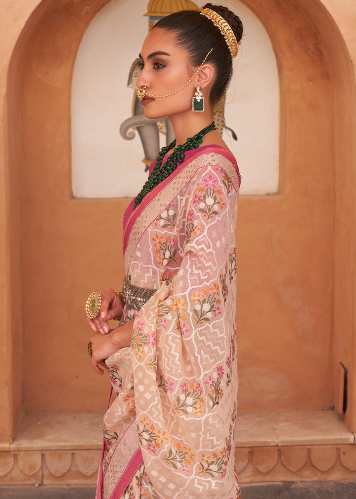 Pink & Ivory White Patola Printed Tissue Silk Saree with Designer Blouse