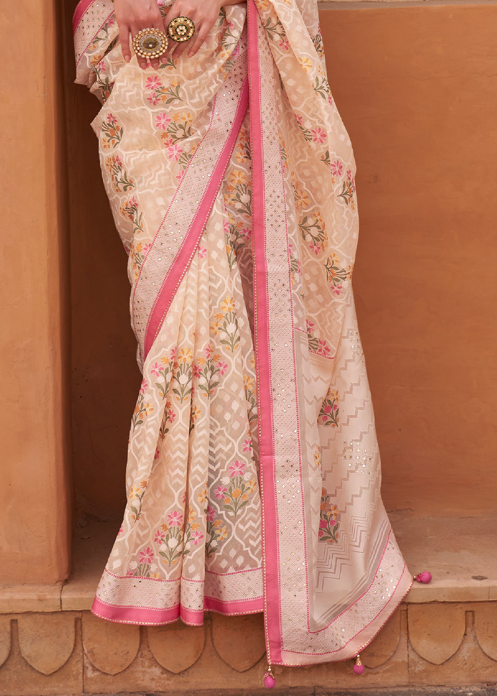 Pink & Ivory White Patola Printed Tissue Silk Saree with Designer Blouse
