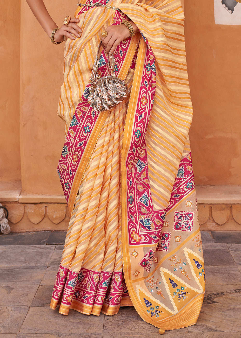Shades Of Yellow Patola Printed Tissue Silk Saree with Designer Blouse
